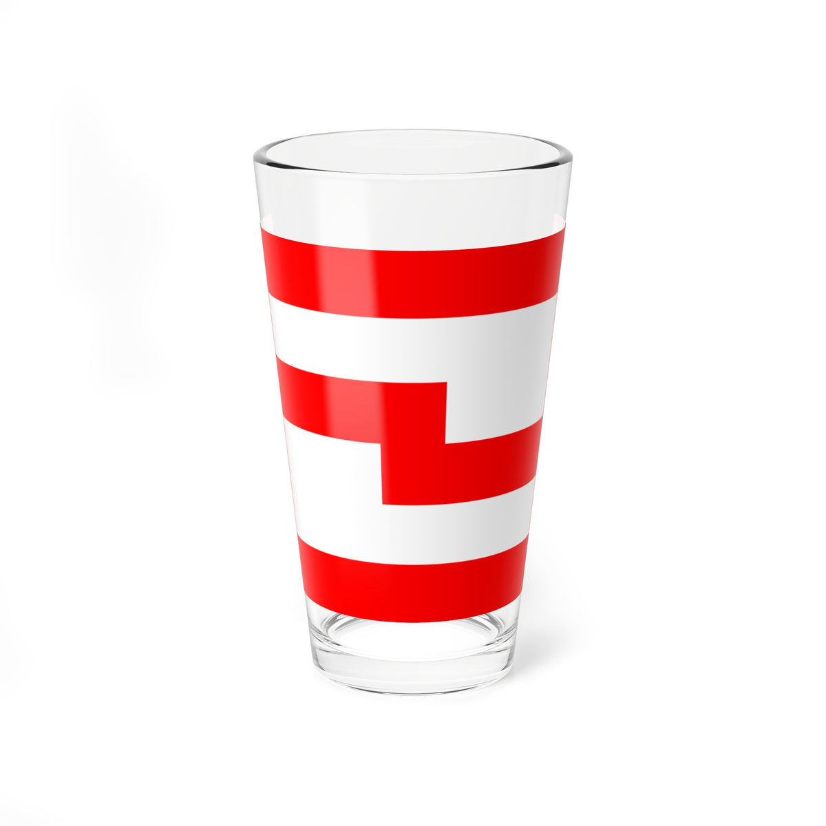 White stepped blocks interlock with red negative space on a red rectangle, forming an abstract S-like shape.
