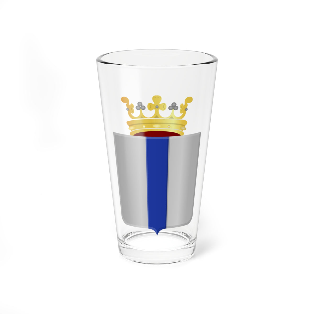 Silver heraldic shield with a vertical blue band, topped by a gold crown with pearls.
