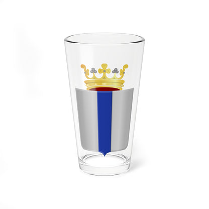 Silver heraldic shield with a vertical blue band, topped by a gold crown with pearls.