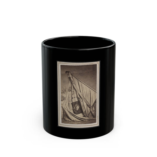 Sepia print of a draped silk banner on a flagstaff, with a ribbon reading PRIZE BRIG. BANNER.