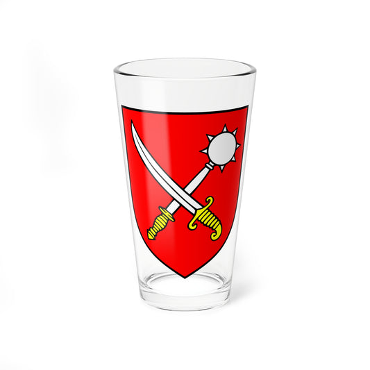 Red heraldic shield with a white curved sabre and a spiked mace crossed in saltire, both with yellow hilts.