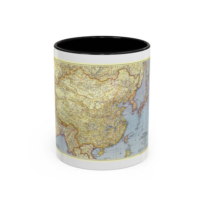 Vintage political map of China with surrounding seas, Japan and Korea, shaded in muted yellow and blue.