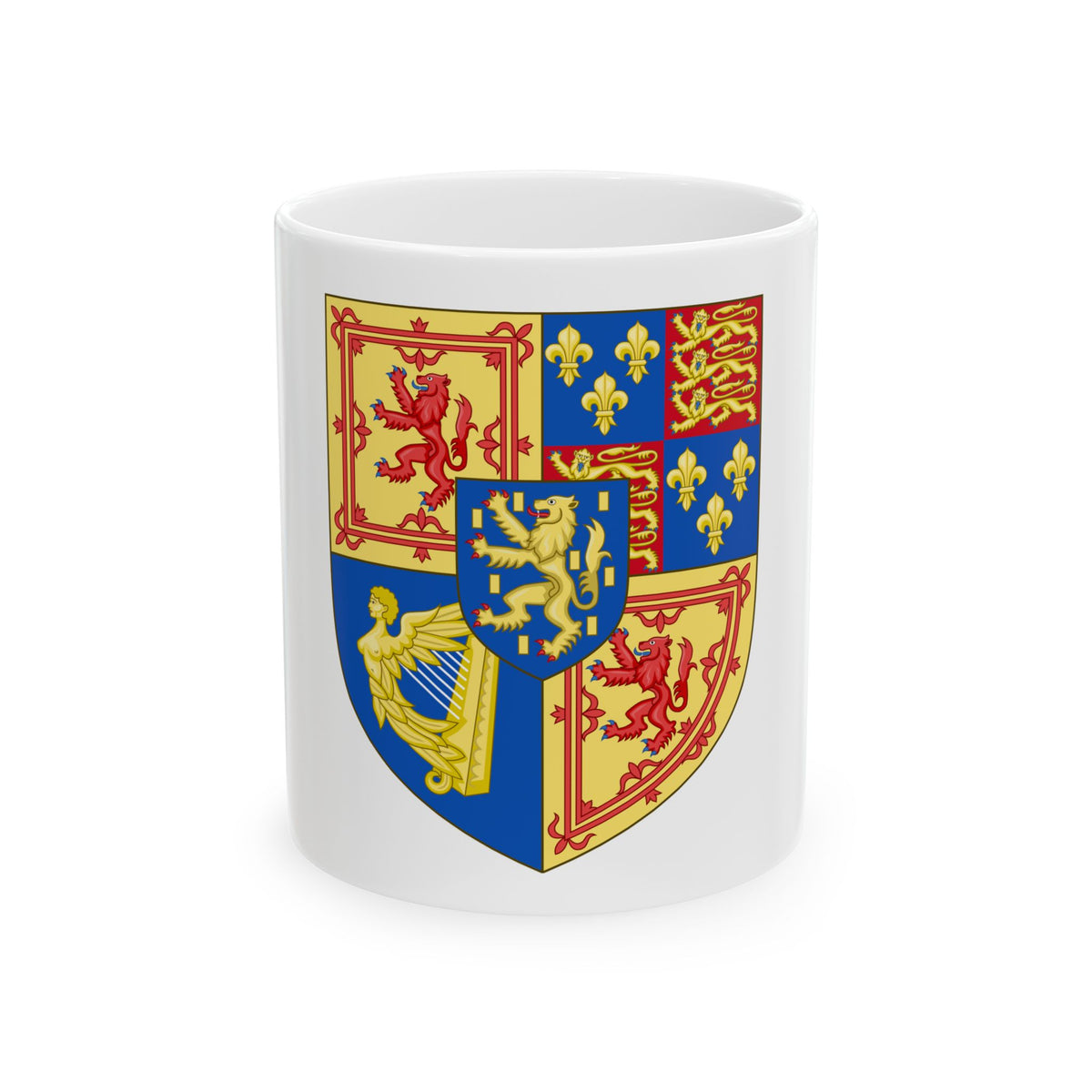 Quartered heraldic shield with red rampant lions, a gold harp, blue fleurs-de-lis and a small gold lion at the centre.