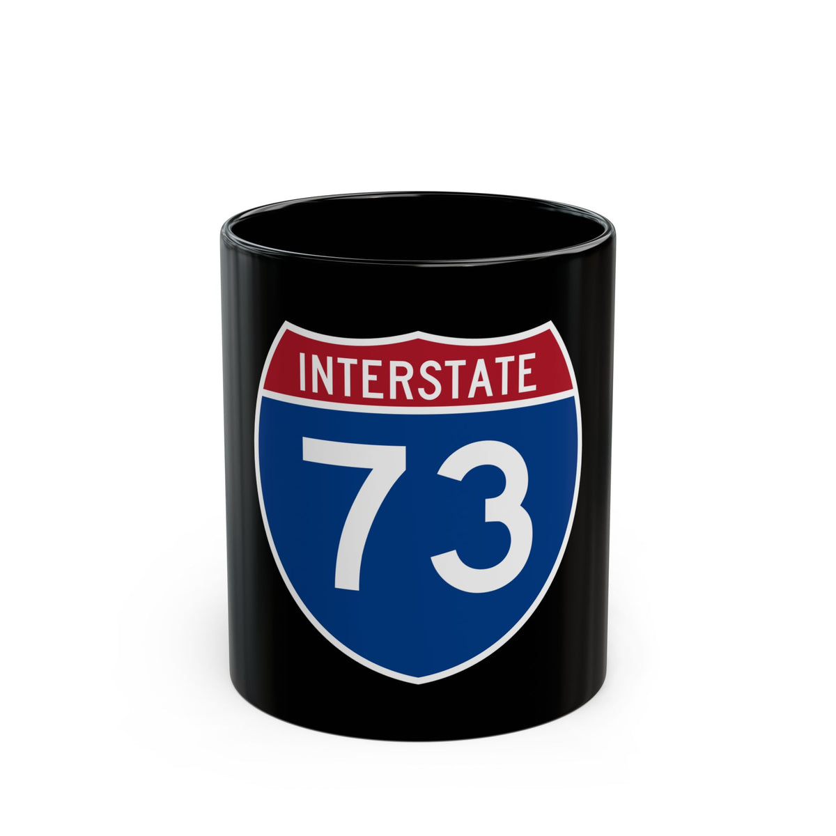 Flat vector US Interstate 73 route shield: white INTERSTATE above the number 73, set on navy blue.