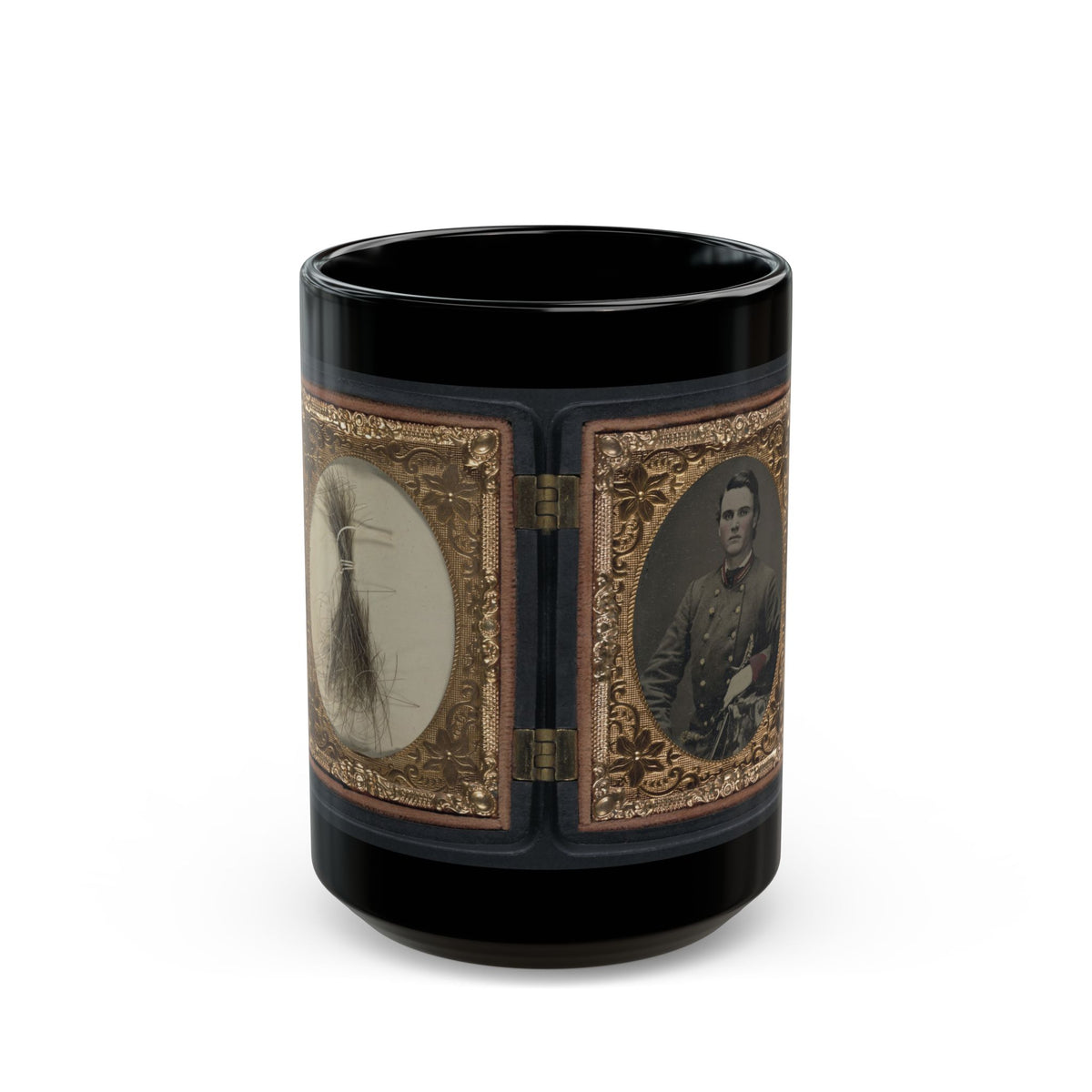 Unidentified Soldier In Confederate Artillery First Lieutenant's Uniform Holding Sword, With Lock Of Hair In Case (U.S. Civil War) Black Coffee Mug