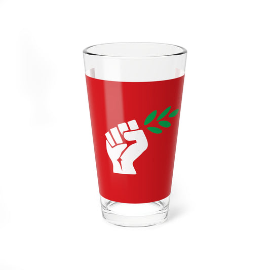 Minimalist flat vector graphic of a white raised fist holding a green olive branch on a solid red background.