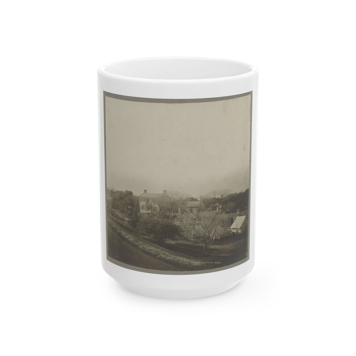 An Aerial View Of A House, Tents, And Other Buildings Partly Obscured By Trees (U.S. Civil War) White Coffee Mug