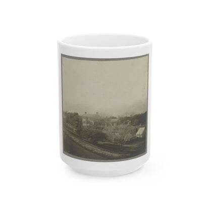 An Aerial View Of A House, Tents, And Other Buildings Partly Obscured By Trees (U.S. Civil War) White Coffee Mug