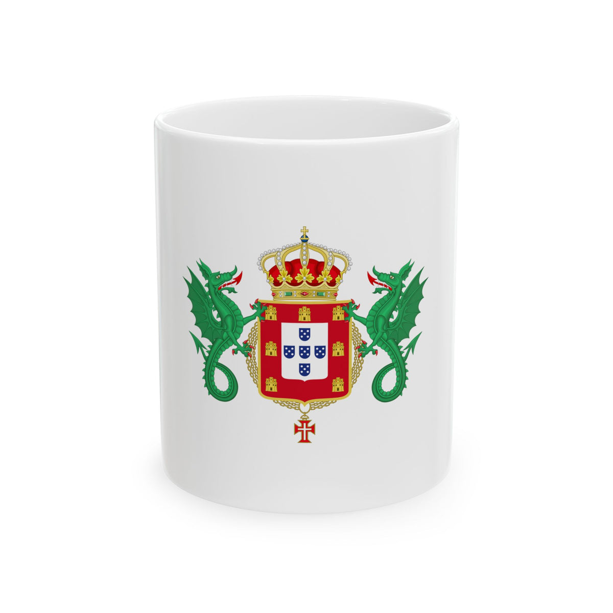 Heraldic coat of arms with two green dragons flanking a red shield of blue escutcheons, topped by a gold crown.
