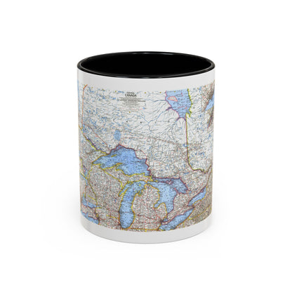 Vintage map of central Canada and the Great Lakes in blue, cream and yellow, with inset river route maps.