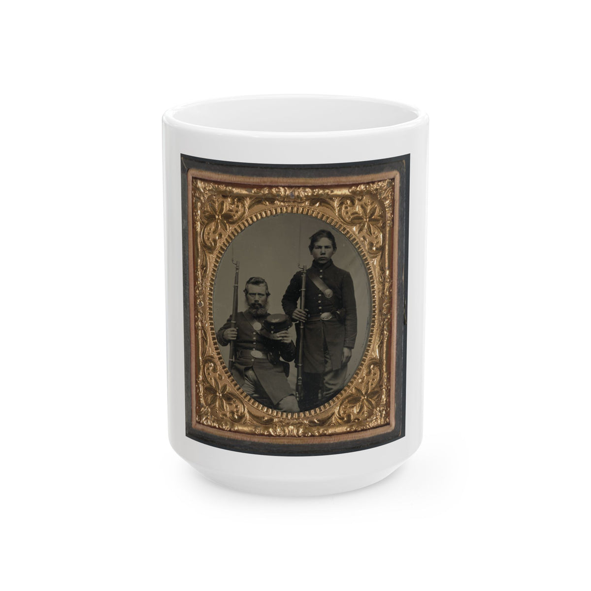 Two Unidentified Soldiers, Possibly Father And Son, In Union Uniforms And U.S. Belt Buckles With Bayoneted Muskets (U.S. Civil War) White Coffee Mug