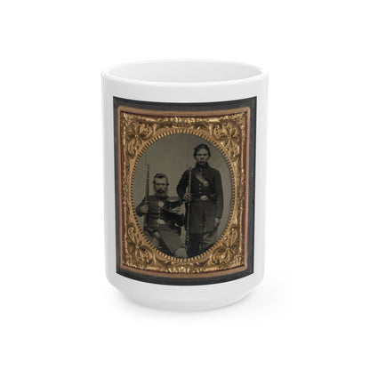 Two Unidentified Soldiers, Possibly Father And Son, In Union Uniforms And U.S. Belt Buckles With Bayoneted Muskets (U.S. Civil War) White Coffee Mug