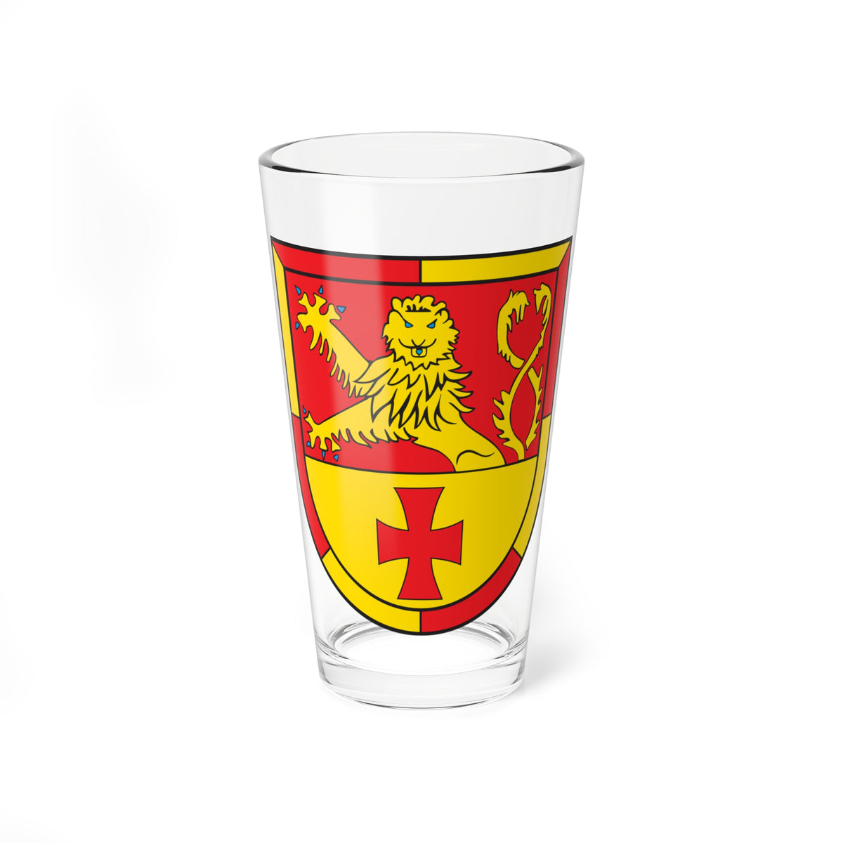 Golden lion with a forked tail in a red panel above a gold field with a red cross on a heraldic shield.