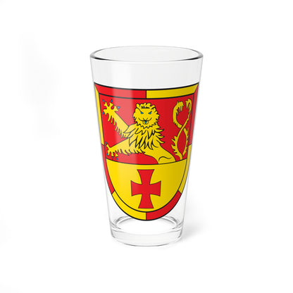 Golden lion with a forked tail in a red panel above a gold field with a red cross on a heraldic shield.