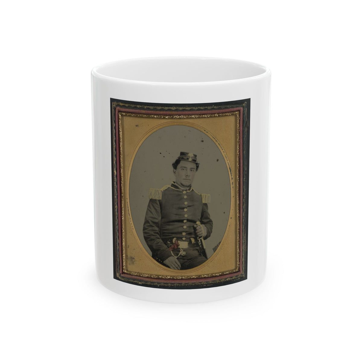 Antique tintype of a seated soldier in a dark military uniform with gold epaulettes, holding a sabre in a gilt case.
