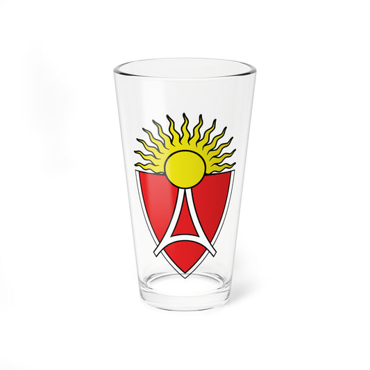 Red heraldic shield with a white arched chevron, topped by a yellow rayed sun rising above its edge.
