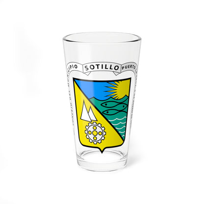 Flat vector municipal arms with a diagonal yellow and teal shield, sailboats, fish and a rising sun over waves.