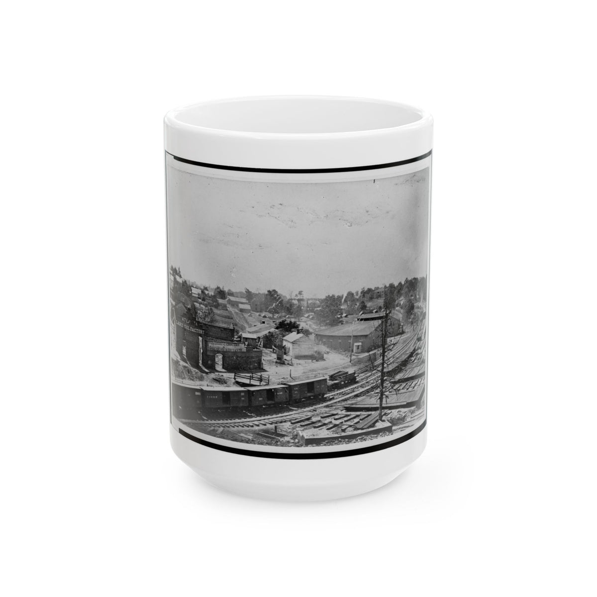 View Of Atlanta, Georgia, With Railroad Cars In Left Foreground (U.S. Civil War) White Coffee Mug