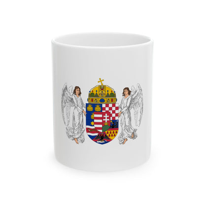 Two winged angels in white robes flank a multi-quartered heraldic shield with lions, eagles, stripes and a gold crown.