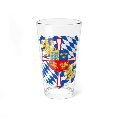 Heraldic shield with a blue and white diagonal pattern, two golden lions, three crowns and a golden dragon.