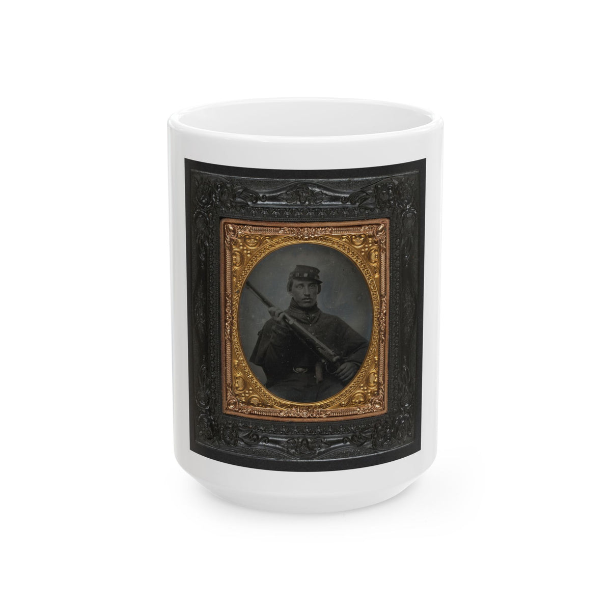 Unidentified Soldier In Union Greatcoat And Company C Forage Cap With Musket (U.S. Civil War) White Coffee Mug