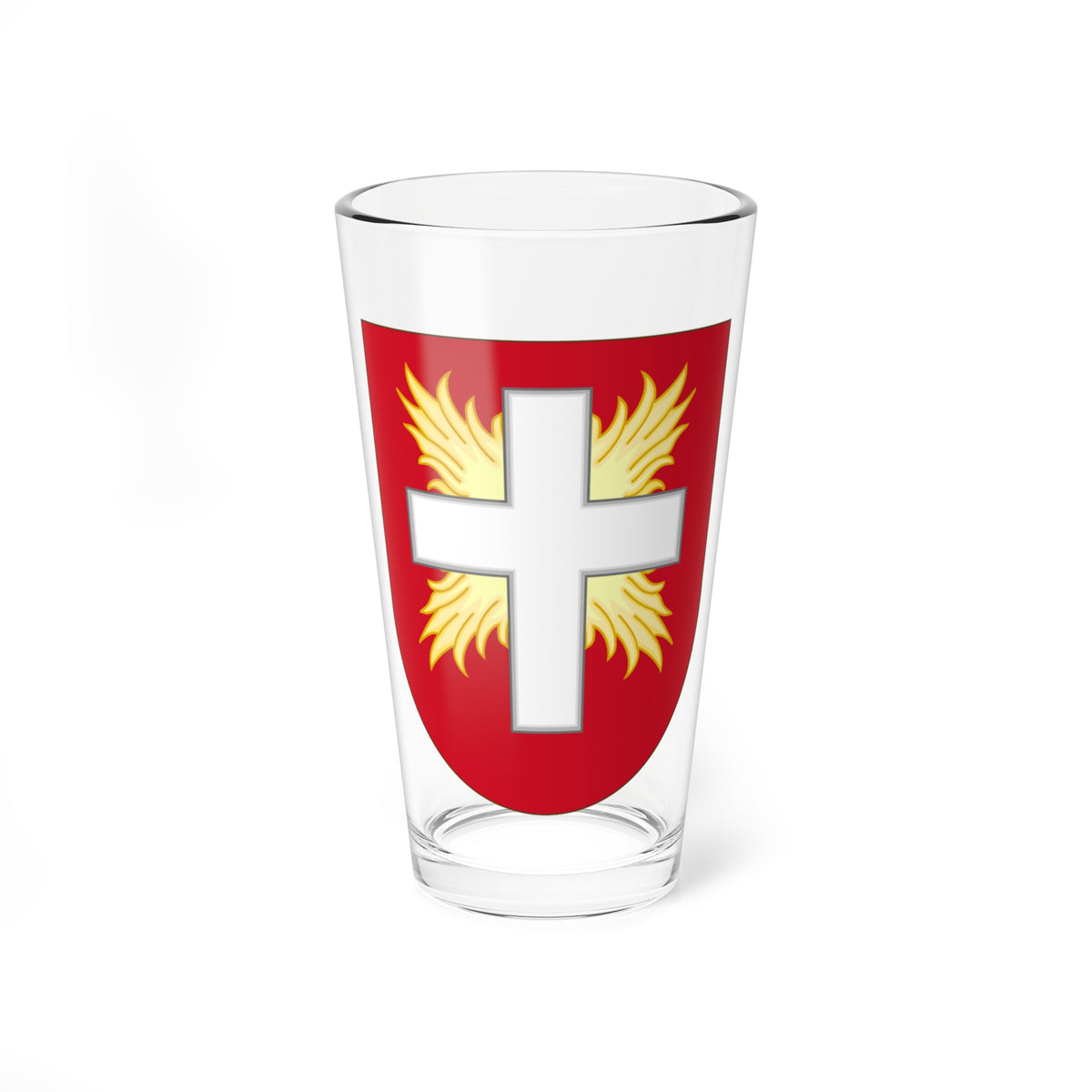 Red heraldic shield with a white Latin cross over a burst of pale gold rays radiating outward.