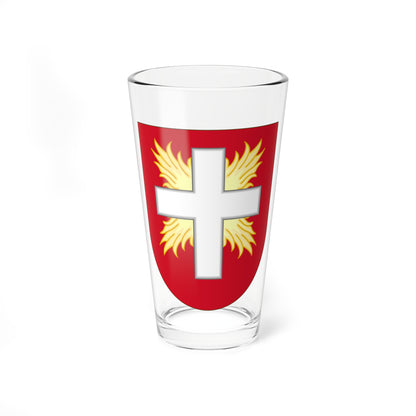 Red heraldic shield with a white Latin cross over a burst of pale gold rays radiating outward.