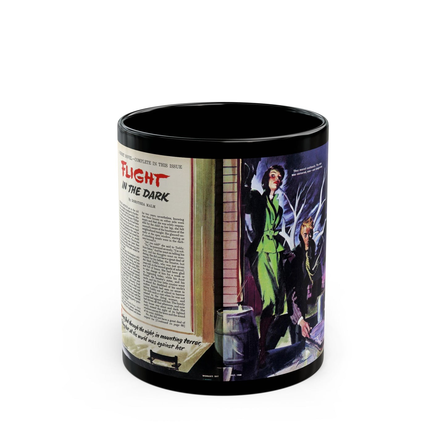 Flight in the Dark, Woman's Day, July 1950 - Black Coffee Mug-11oz-Go Mug Yourself