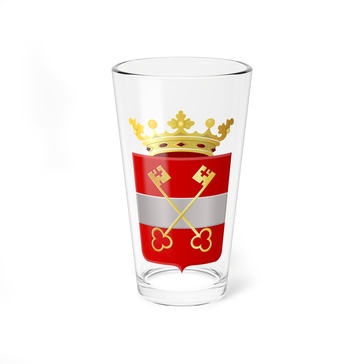 Red heraldic shield with a silver bar and two crossed gold keys, topped by a gold crown.