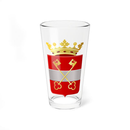 Red heraldic shield with a silver bar and two crossed gold keys, topped by a gold crown.