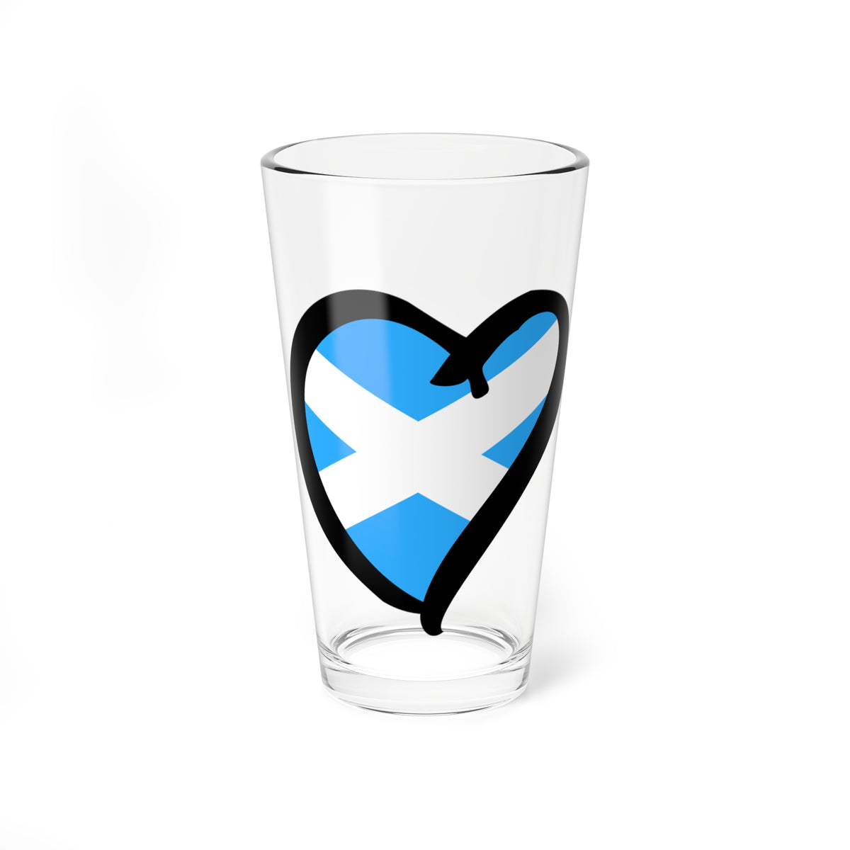 Bold black outlined heart filled with the blue and white saltire flag of Scotland on a white background.
