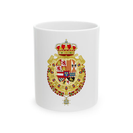 Ornate heraldic coat of arms beneath a crown, with gold scrollwork, a shield of castles and lions, and a cross pendant.