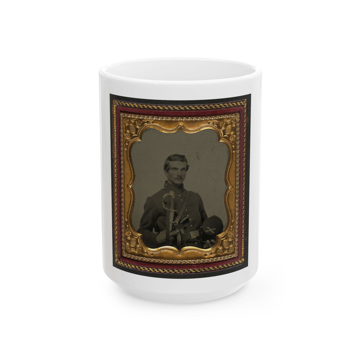 Unidentified Soldier In Union Uniform Holding Kepi With Cavalry Insignia, Cavalry Saber, And Smith And Wesson Revolver (U.S. Civil War) White Coffee Mug