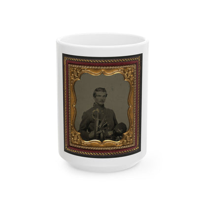 Unidentified Soldier In Union Uniform Holding Kepi With Cavalry Insignia, Cavalry Saber, And Smith And Wesson Revolver (U.S. Civil War) White Coffee Mug
