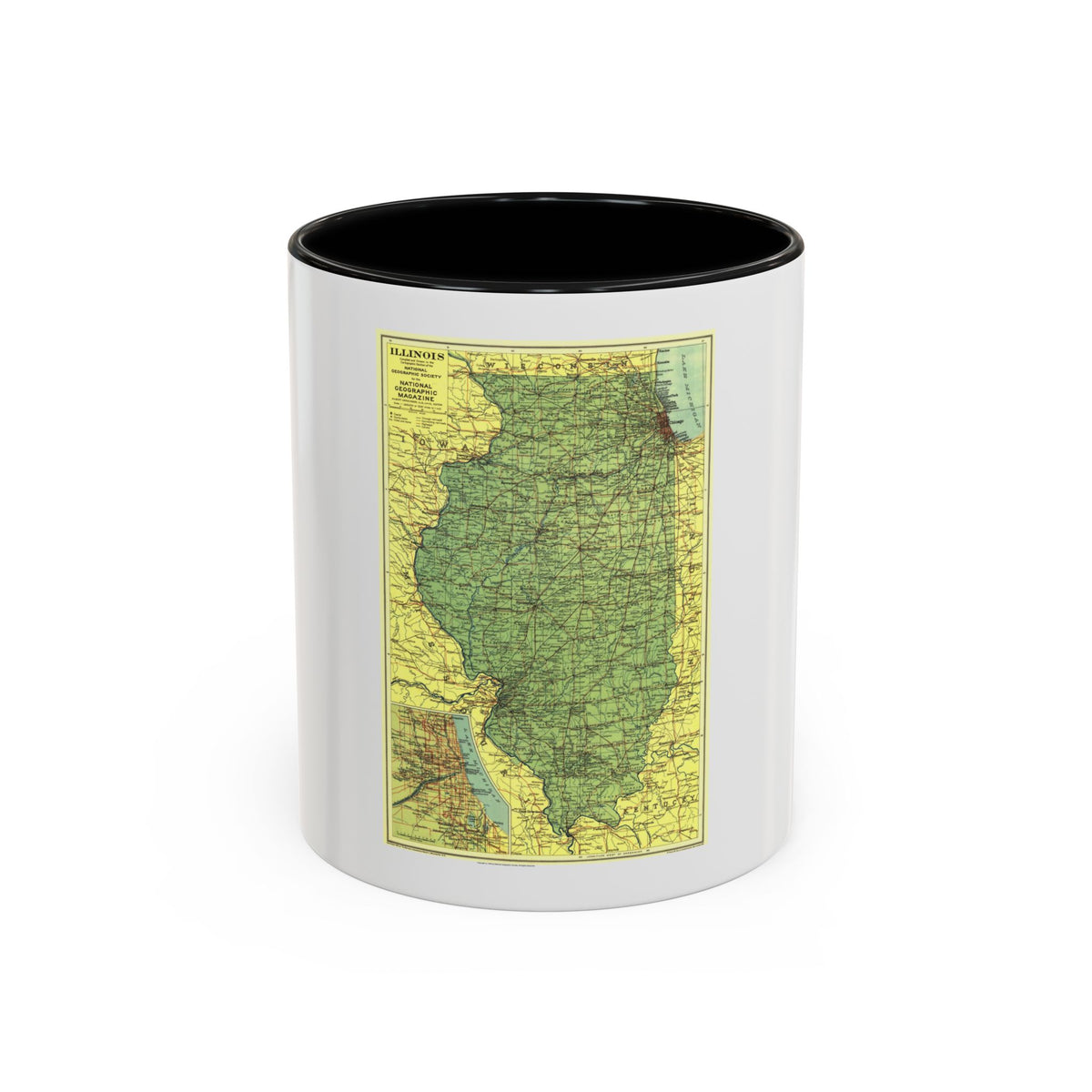 Vintage 1930s map of Illinois in sage green and pale yellow, with railroads, highways and a Chicago inset.