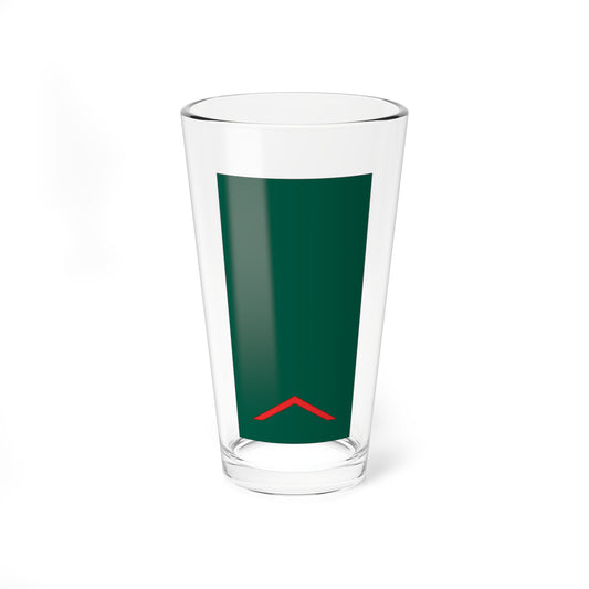 Dark green rectangular panel with a single red upward-pointing chevron near the bottom edge.