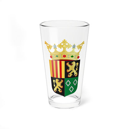 Quartered heraldic shield with red and gold stripes, gold lions on black, and silver lozenges on green.