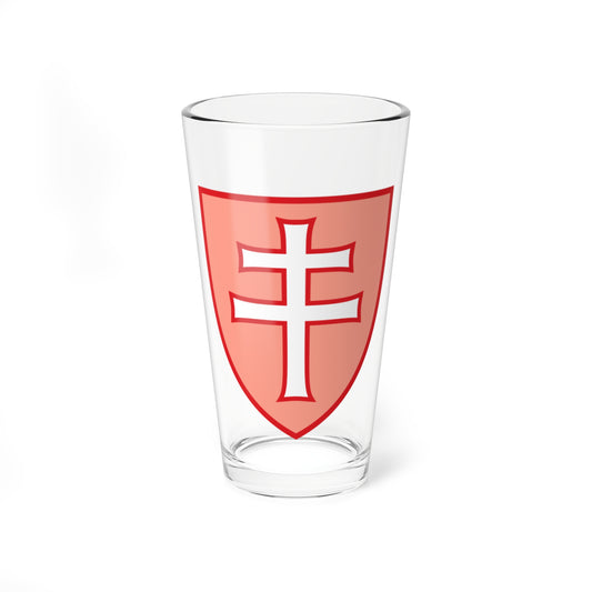 White triple-barred cross with red outline centred on a pale red shield outline, on a white background.
