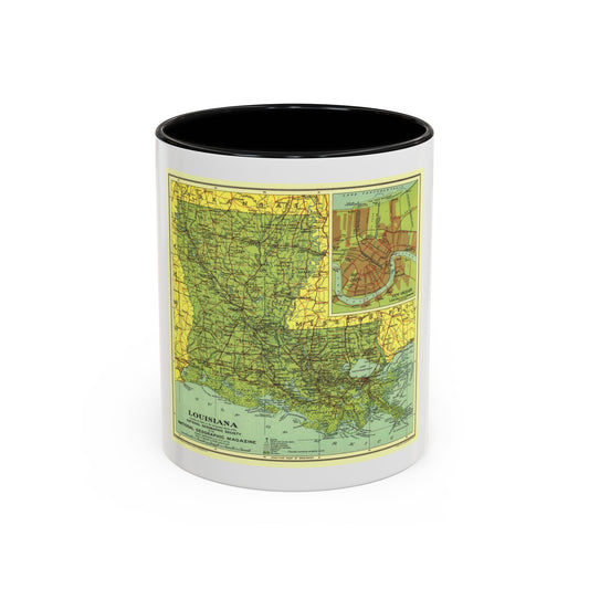 Vintage 1930 map of Louisiana in sage green, with railroads, highways, marshes and a New Orleans inset.