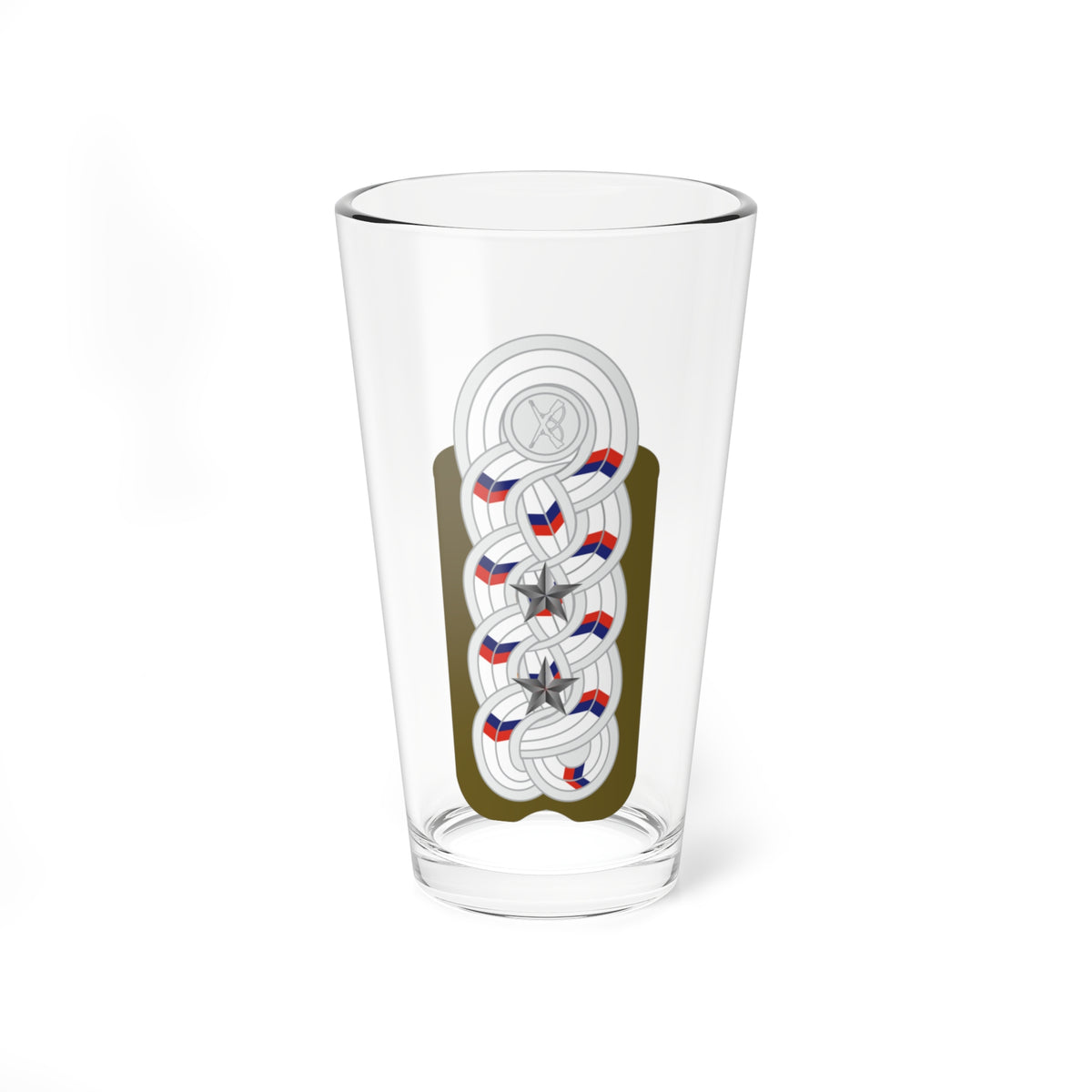 Looped white braided shoulder cord with red and blue strands, two silver stars and a crossed-rifles badge on olive.