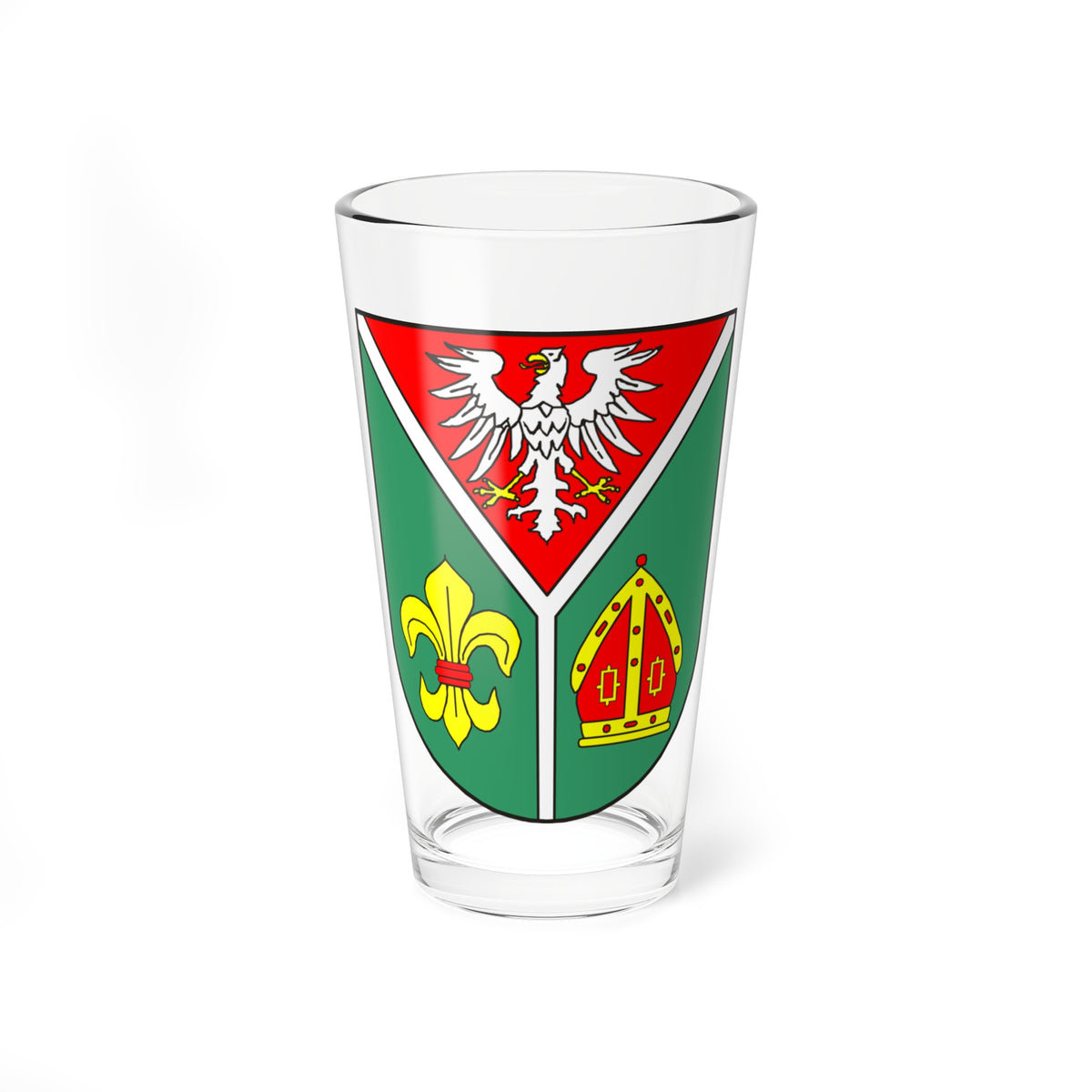 Green shield coat of arms with a white eagle on red, a yellow fleur-de-lis and a golden bishop's mitre.