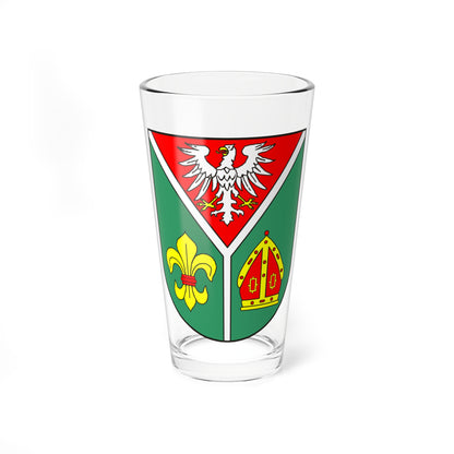 Green shield coat of arms with a white eagle on red, a yellow fleur-de-lis and a golden bishop's mitre.
