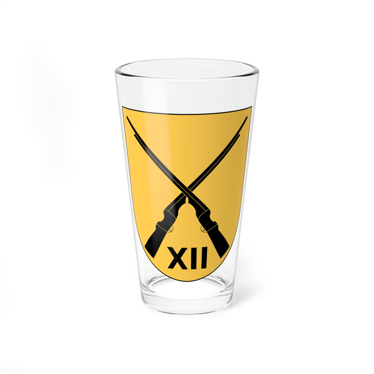 Two crossed black muskets above the Roman numeral XII on a solid gold heraldic shield.