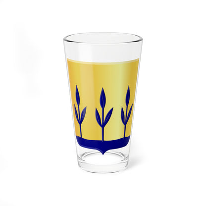Three navy blue leaf sprigs rise from a wavy navy base on a gold heraldic shield in flat vector style.