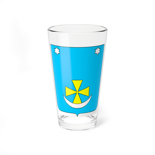 Cyan heraldic shield with two white six-pointed stars at the top, a yellow cross and a white crescent at the base.
