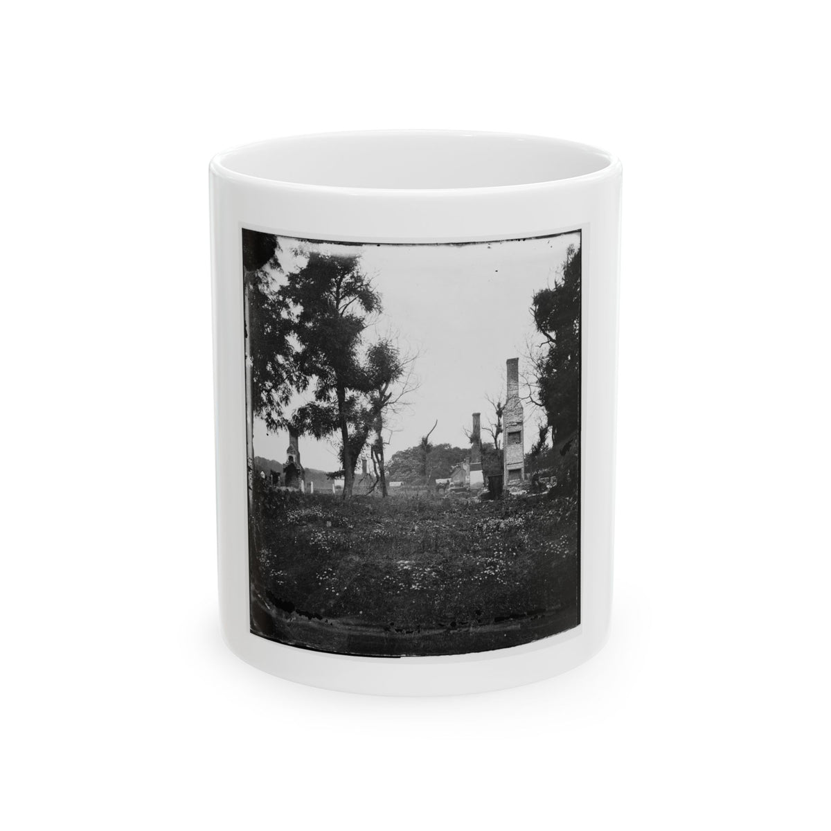 Black and white scene of brick chimneys standing among ruins and trees above a field of wildflowers.