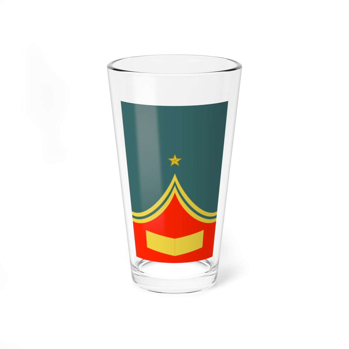 Teal field with a small gold five-point star above two yellow arched bands rising over a red panel.