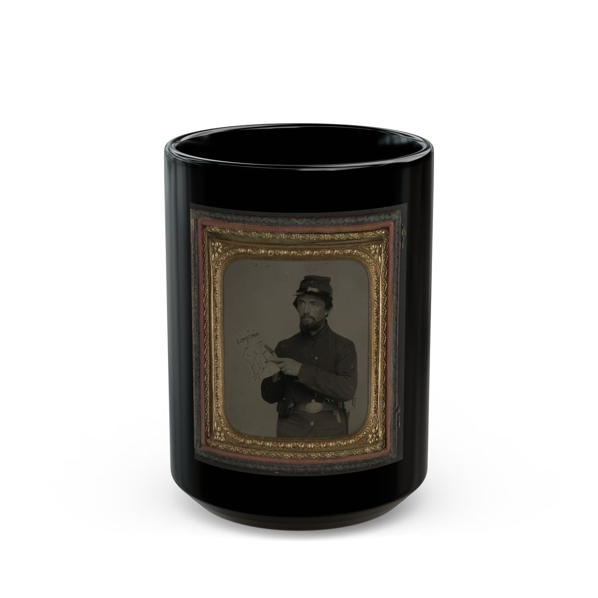 Unidentified Soldier In Union Uniform And U.S. Belt Buckle With Pistol Holding Hand-Drawn Map Of Virginia (U.S. Civil War) Black Coffee Mug