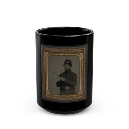 Unidentified Soldier In Union Uniform And U.S. Belt Buckle With Pistol Holding Hand-Drawn Map Of Virginia (U.S. Civil War) Black Coffee Mug