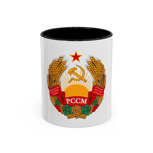 Gold wheat and corn wreath around a hammer and sickle over a sunrise, with a red star and Cyrillic ribbons.